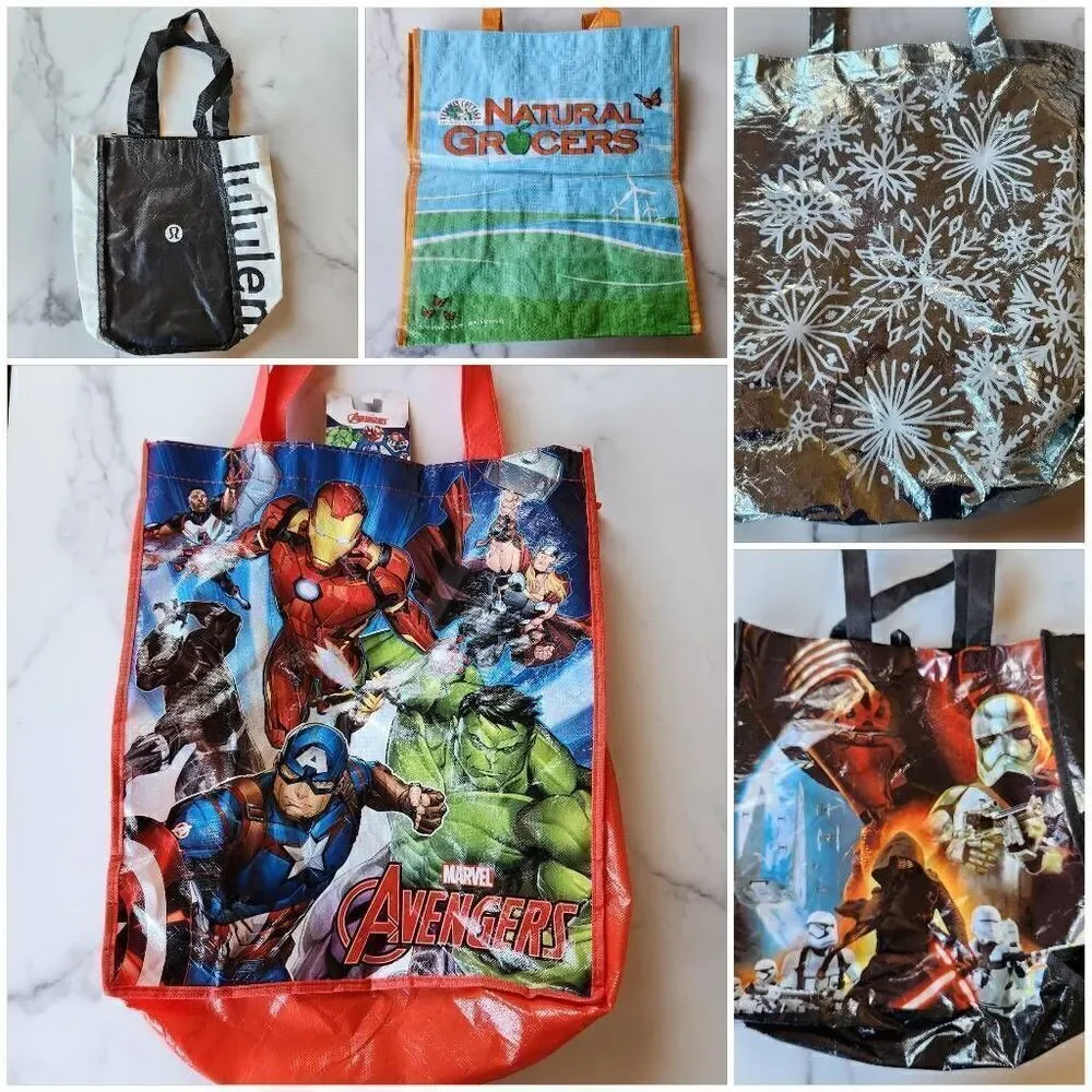 Reusable Shopping bag bundle of 6 Avengers Star Wars Lululemon Snowflakes Alien